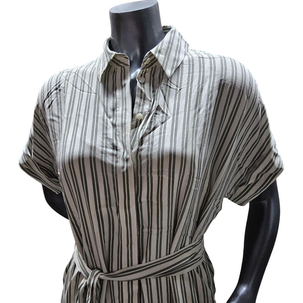 Club Monaco Silk Shirt Dress Women 8 Cream Olive‎ Striped Belted Midi High-Low